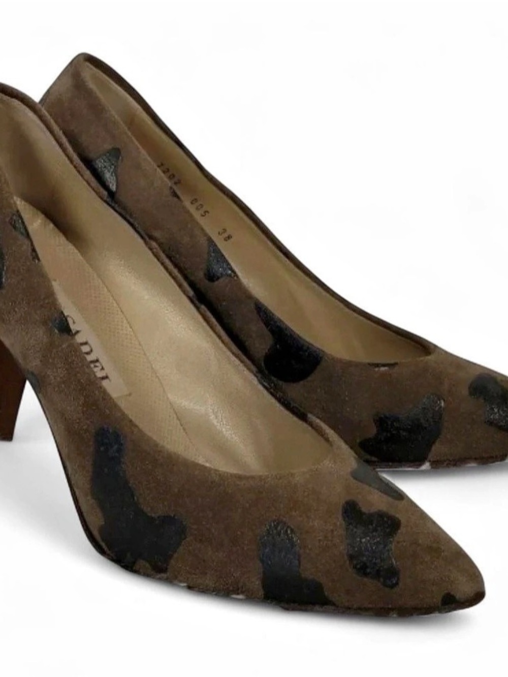 Casadei Italy Vintage Brown Suede Black Cow Print Pointed Pumps 38
